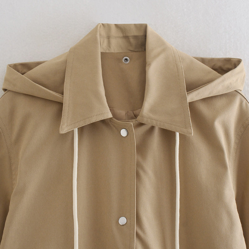 Women's Long Coat - Tailored Fit - Hood & Button Closure - Weather Resistant