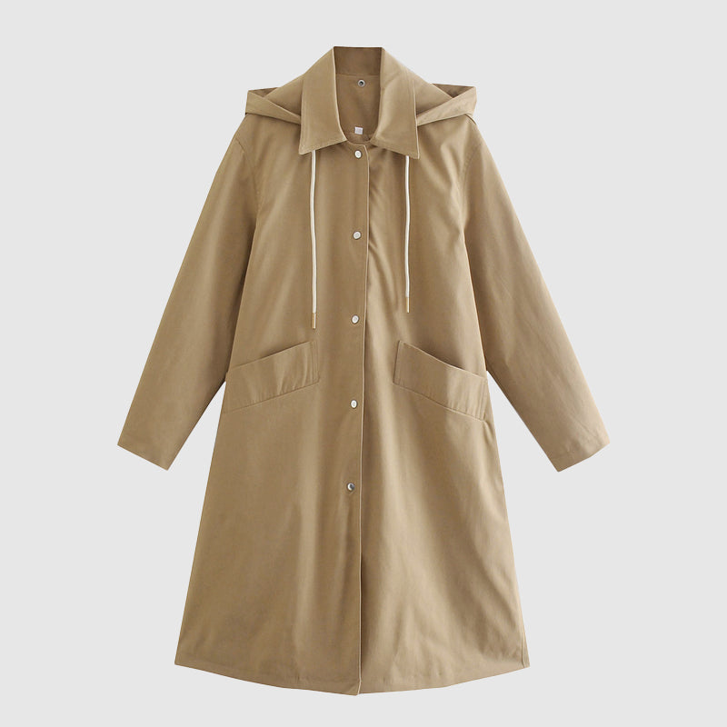 Women's Long Coat - Tailored Fit - Hood & Button Closure - Weather Resistant