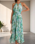 Women's Halterneck Maxi Dress - Floral Pattern - Light and Airy - Flattering Fit