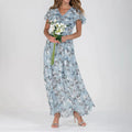 Women's Maxi Dress - Floral Print - V-Neck - Short Ruffle Sleeves - Elegant and Airy
