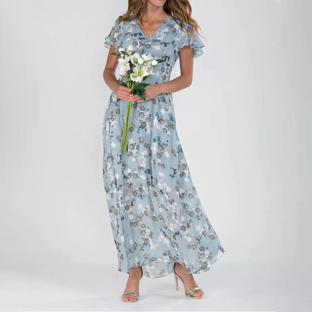 Women's Maxi Dress - Floral Print - V-Neck - Short Ruffle Sleeves - Elegant and Airy