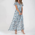 Women's Maxi Dress - Floral Print - V-Neck - Short Ruffle Sleeves - Elegant and Airy