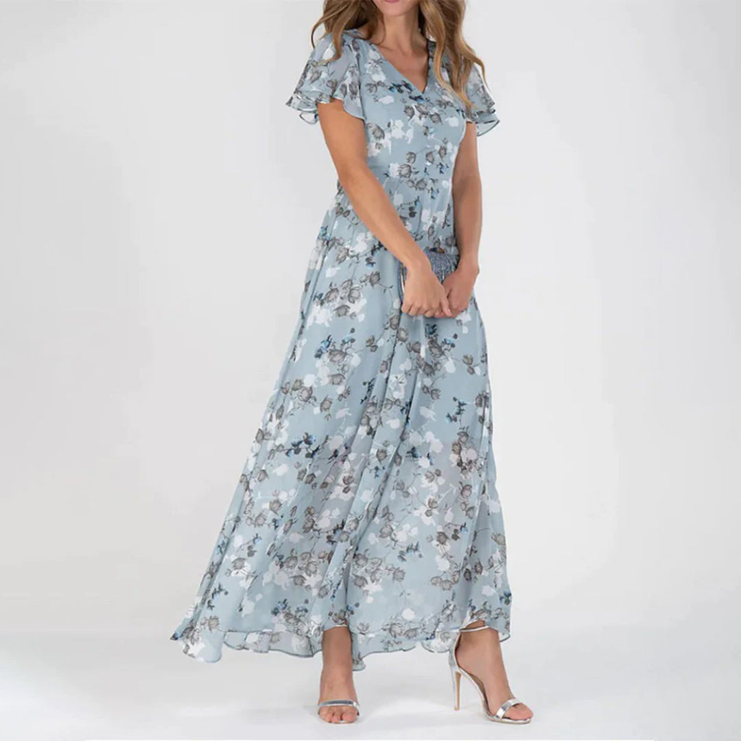 Women's Maxi Dress - Floral Print - V-Neck - Short Ruffle Sleeves - Elegant and Airy