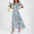 Women's Maxi Dress - Floral Print - V-Neck - Short Ruffle Sleeves - Elegant and Airy
