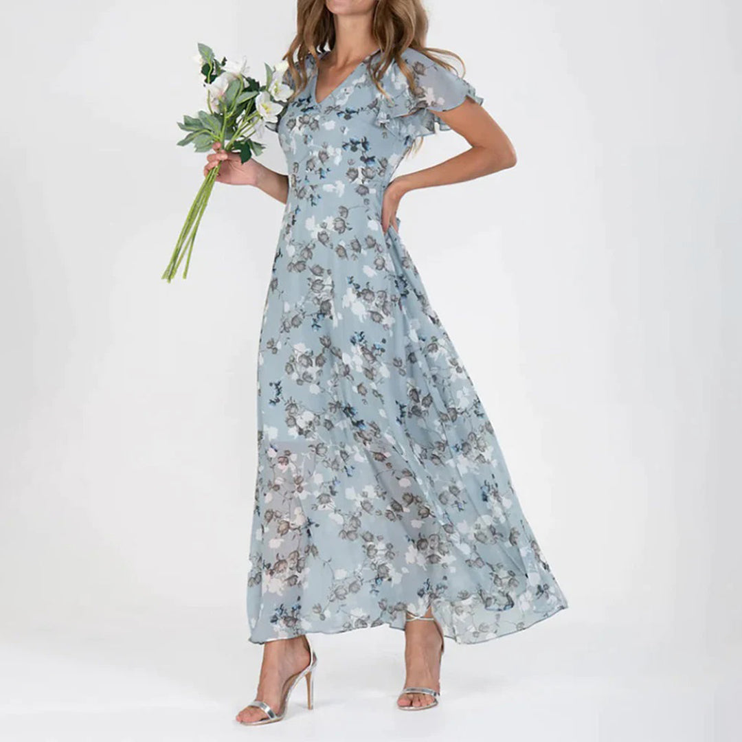 Women's Maxi Dress - Floral Print - V-Neck - Short Ruffle Sleeves - Elegant and Airy