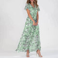 Women's Maxi Dress - Floral Print - V-Neck - Short Ruffle Sleeves - Elegant and Airy