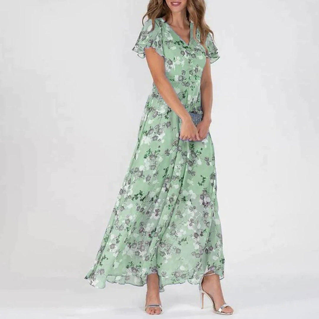 Women's Maxi Dress - Floral Print - V-Neck - Short Ruffle Sleeves - Elegant and Airy