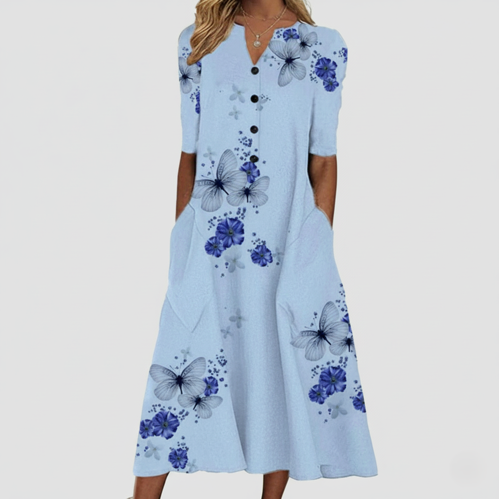 Relaxed Fit Cotton Blend Button Down Midi Dress