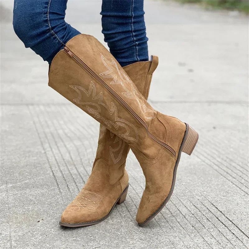 Embroidered Suede Mid Calf Cowboy Boots