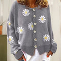 Women's Cardigan – Oversize Fit – Soft Knit – Daisy Pattern – Ribbed Edges