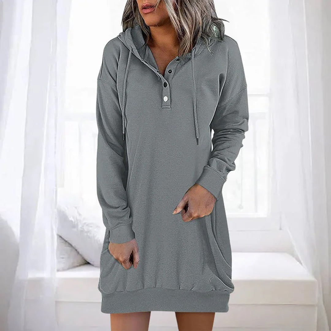 Women's Hoodie Dress - Buttoned Collar - Long Sleeve - Casual Comfort Fit