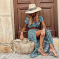 Dress For Women - Maxi Dress With Paisley Pattern - V-Neck And Short Sleeves - Bohemian Look