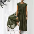Women's Dress - Long Airy Fit - Short Sleeves - Round Neck - Bohemian Look