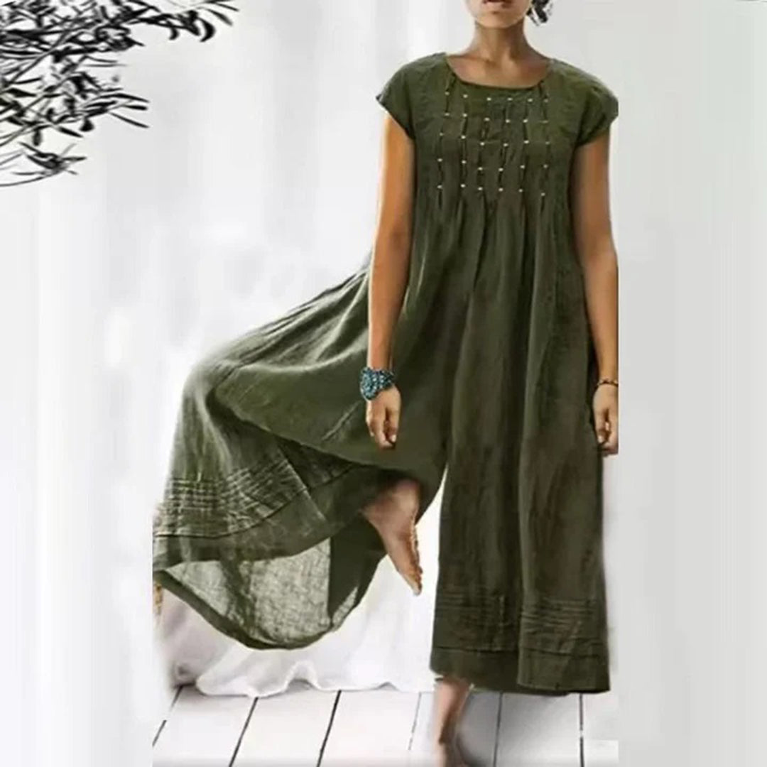 Women's Dress - Long Airy Fit - Short Sleeves - Round Neck - Bohemian Look