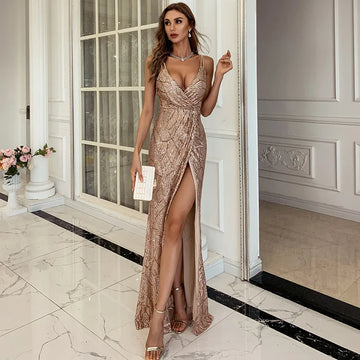 Satin Ruched Deep V-neck High Slit Dress