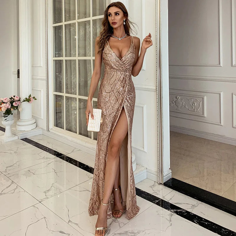 Satin Ruched Deep V-neck High Slit Dress