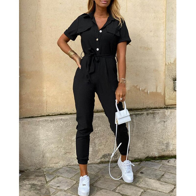 Women's Jumpsuit - Utility Style - Button Closure - Belt at Waist - Tapered Fit