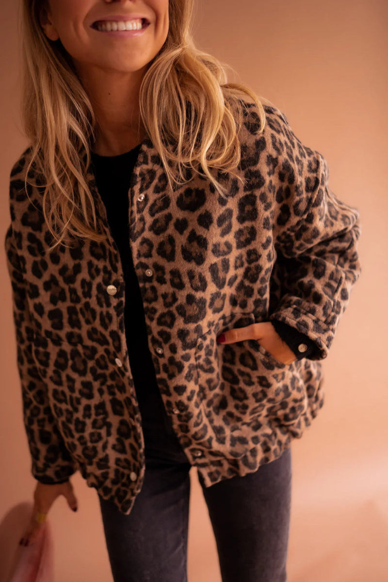 Leopard Print Faux Fur Bomber Jacket