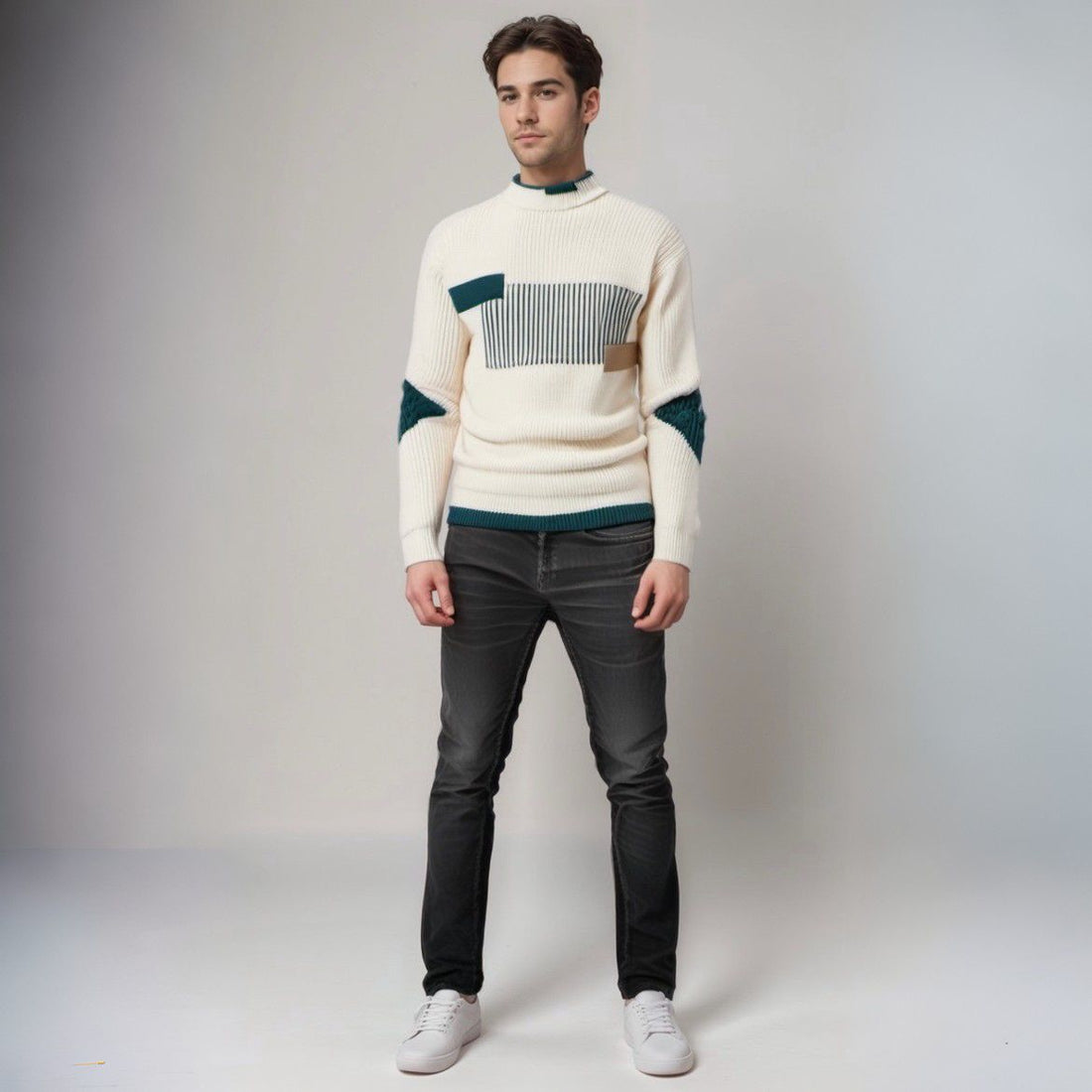 Geometric Ribbed Knit Crewneck Sweater