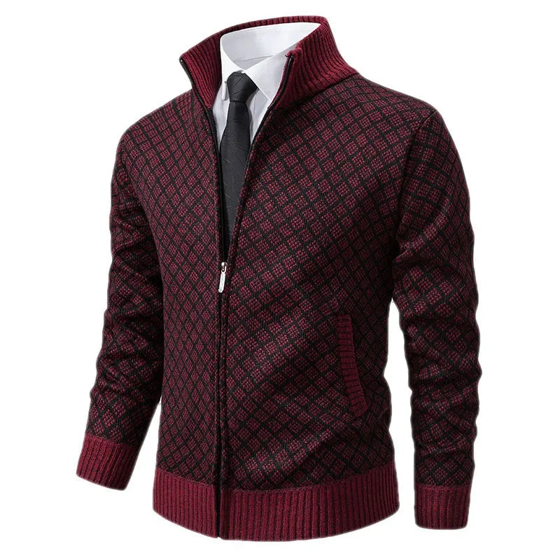 Men's Cardigan - Zipper & High Collar - Knitted with Pattern - Ribbed Edges & Front Pockets