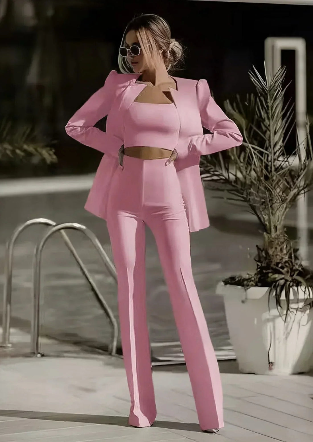 3-Piece Crop Top Flared Trousers Suit