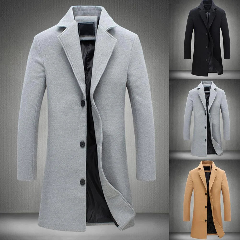 Men's Coat - Wool Blend - Slim Fit - Knee Length - Single Breasted - Notch Lapel