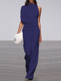 Women's Jumpsuit - Sleeveless Asymmetric Neckline - Elegant Wide Legs - Festive Look