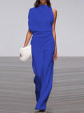 Women's Jumpsuit - Sleeveless Asymmetric Neckline - Elegant Wide Legs - Festive Look