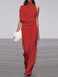 Women's Jumpsuit - Sleeveless Asymmetric Neckline - Elegant Wide Legs - Festive Look