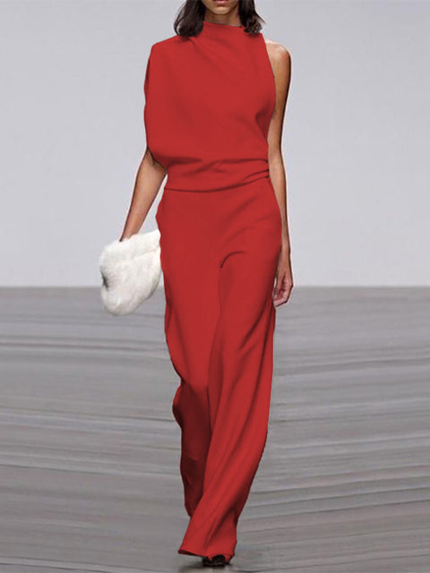 Women's Jumpsuit - Sleeveless Asymmetric Neckline - Elegant Wide Legs - Festive Look