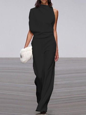 Asymmetric Neckline Wide Leg Jumpsuit