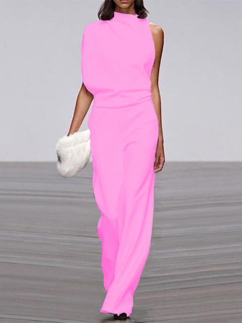 Women's Jumpsuit - Sleeveless Asymmetric Neckline - Elegant Wide Legs - Festive Look