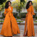 Women's Maxi Dress - V-Neck Button Closure - Long Sleeves with Ruffle Details - Tie Belt