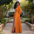 Women's Maxi Dress - V-Neck Button Closure - Long Sleeves with Ruffle Details - Tie Belt