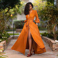 Women's Maxi Dress - V-Neck Button Closure - Long Sleeves with Ruffle Details - Tie Belt