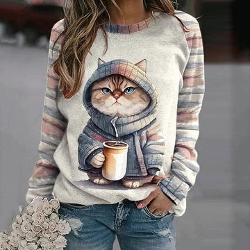 Cat Graphic Striped Sleeve Knit Pullover