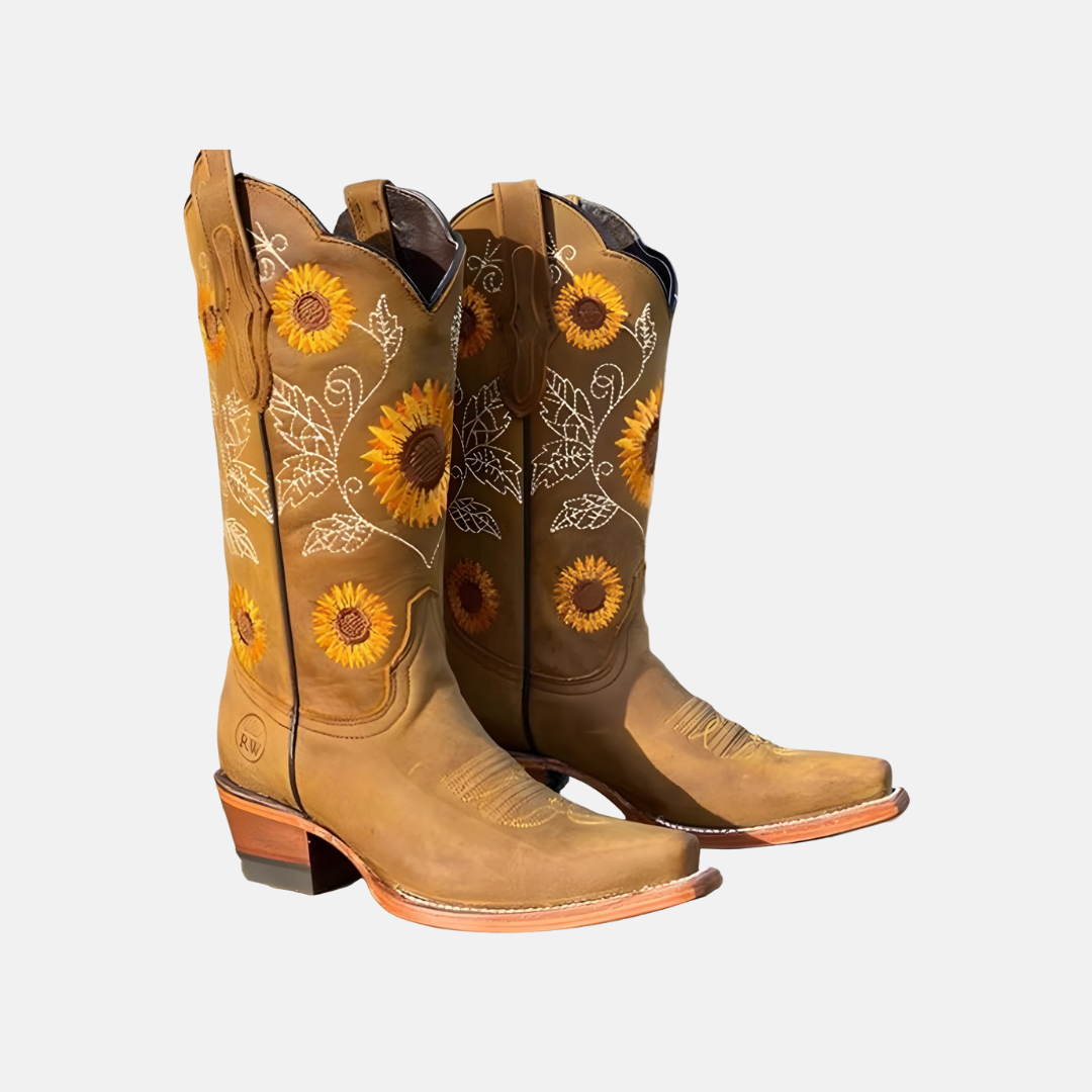 Leather Western Sunflower Embroidered Boots