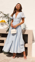 Women's Maxi Dress - V-neck - Buttons - Puff Sleeves - Elegant Long Dress