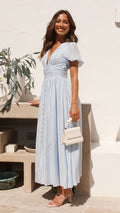 Women's Maxi Dress - V-neck - Buttons - Puff Sleeves - Elegant Long Dress