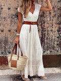 Women's Maxi Dress - Lace & Flowy Design - V-Neck - Waistband - Elegant & Light