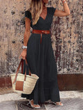 Women's Maxi Dress - Lace & Flowy Design - V-Neck - Waistband - Elegant & Light