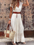 Women's Maxi Dress - Lace & Flowy Design - V-Neck - Waistband - Elegant & Light