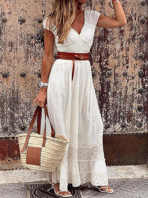 Women's Maxi Dress - Lace & Flowy Design - V-Neck - Waistband - Elegant & Light