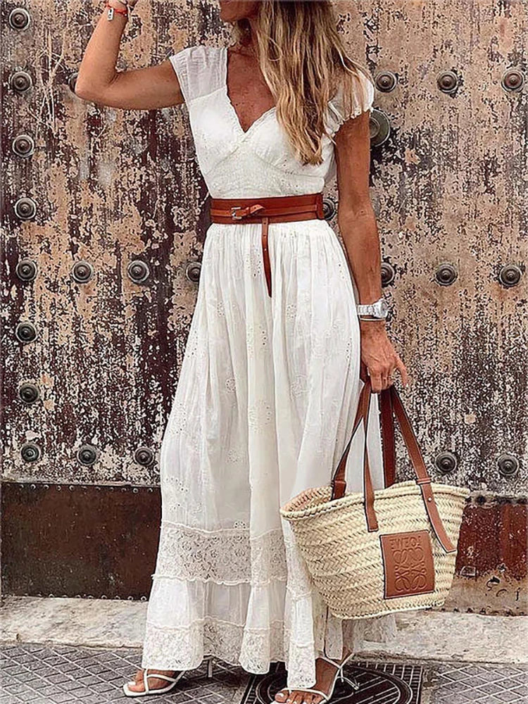 Women's Maxi Dress - Lace & Flowy Design - V-Neck - Waistband - Elegant & Light