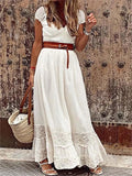 Women's Maxi Dress - Lace & Flowy Design - V-Neck - Waistband - Elegant & Light