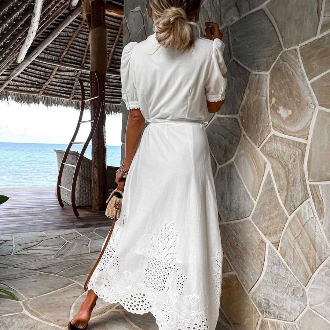 Lace Puff Sleeve Tie Waist Midi Dress