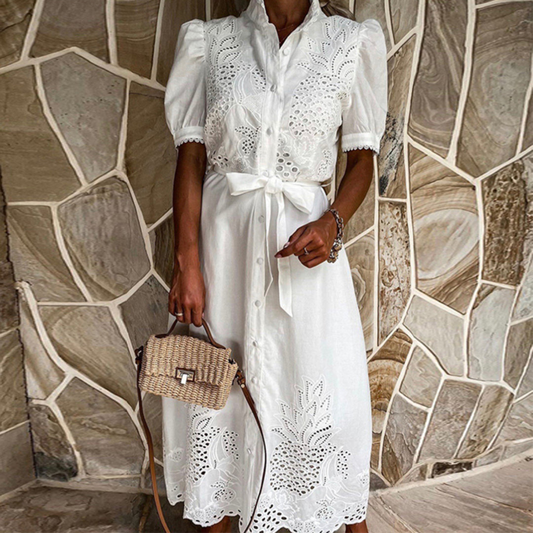 Lace Puff Sleeve Tie Waist Midi Dress