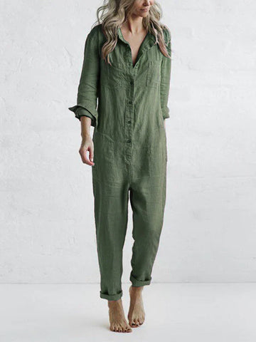 Cotton Linen Loose Fit Long Sleeve Jumpsuit
