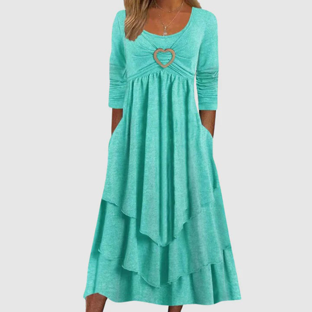 Women's Maxi Dress - Layered Design - Sweetheart Neckline - 3/4 Sleeves - Relaxed Fit