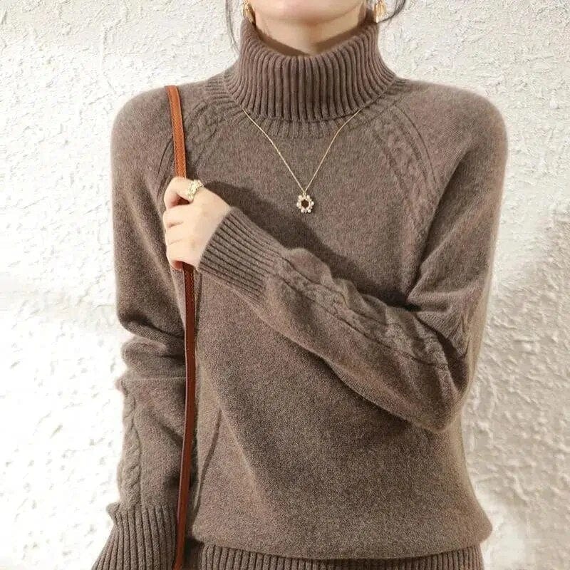 Wool Blend Cable Knit Turtleneck Sweater
